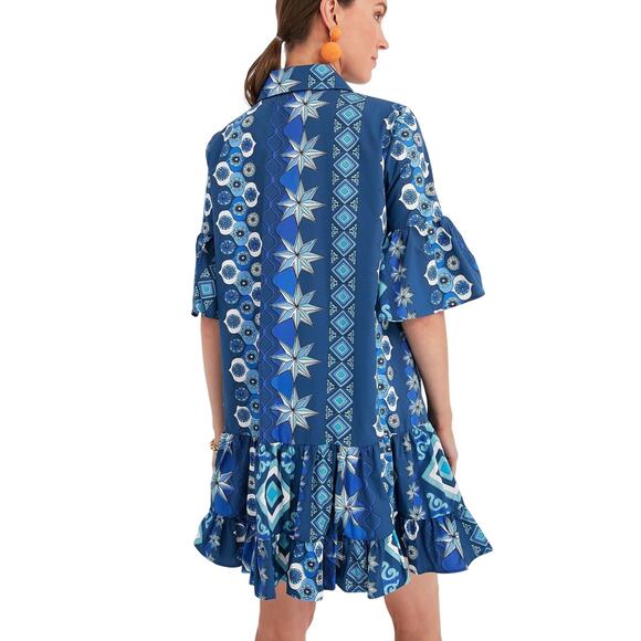 La Double J Choux Costiera Blue Print Flounce Cotton Poplin Mini Shirt Dress - Picture 2 of 16